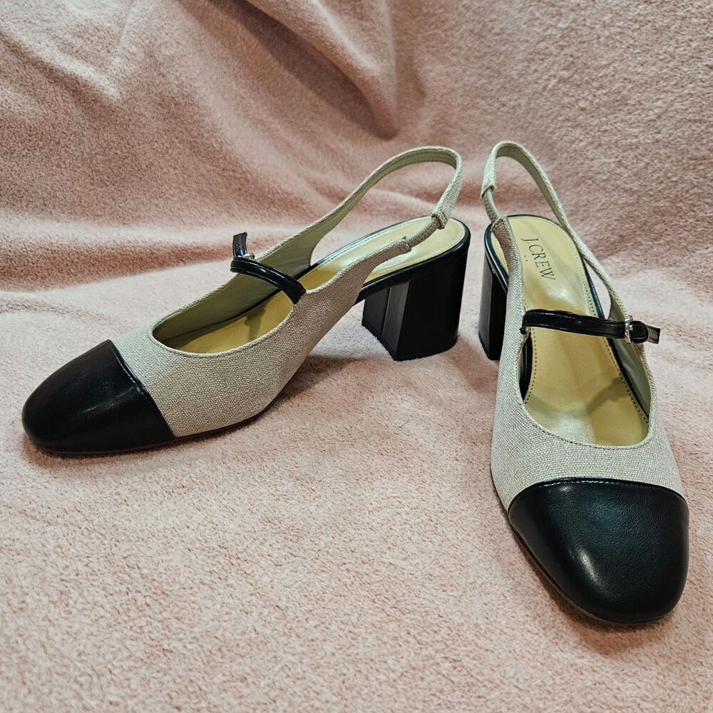 J.Crew Two-Tone Canvas and Leather Cap-Toe Slingback Block Heel Pumps Size 10